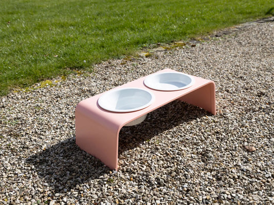 dogBar® IN & OUTside M-small - aluminum gold matt anodized with porcelain bowls